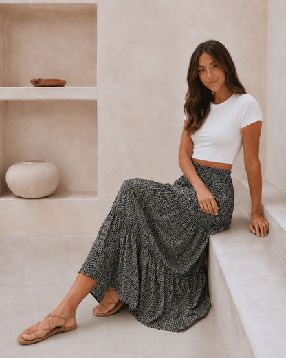 Saia Midi Floral com Cintura Ajustáve